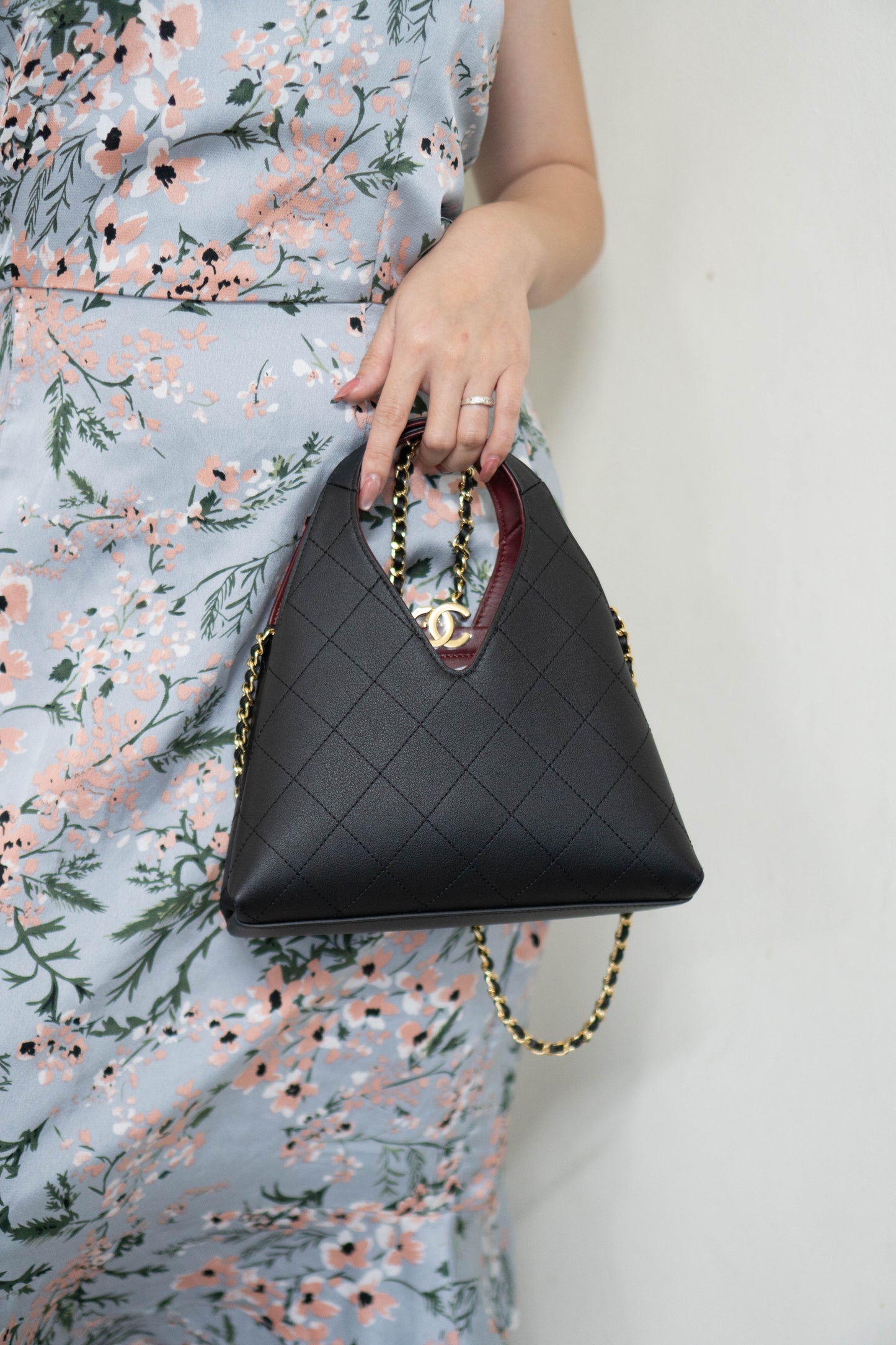 Chic Lady Quilted Triangle Tote – Black Grained Calfskin with Gold Hardware