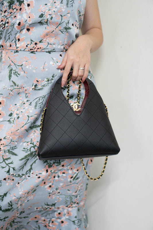 Chic Lady Quilted Triangle Tote – Black Grained Calfskin with Gold Hardware