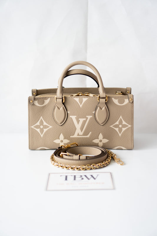 OnTheGo East-West Tote – Tourterelle Monogram Embossed Leather with Gold Hardware