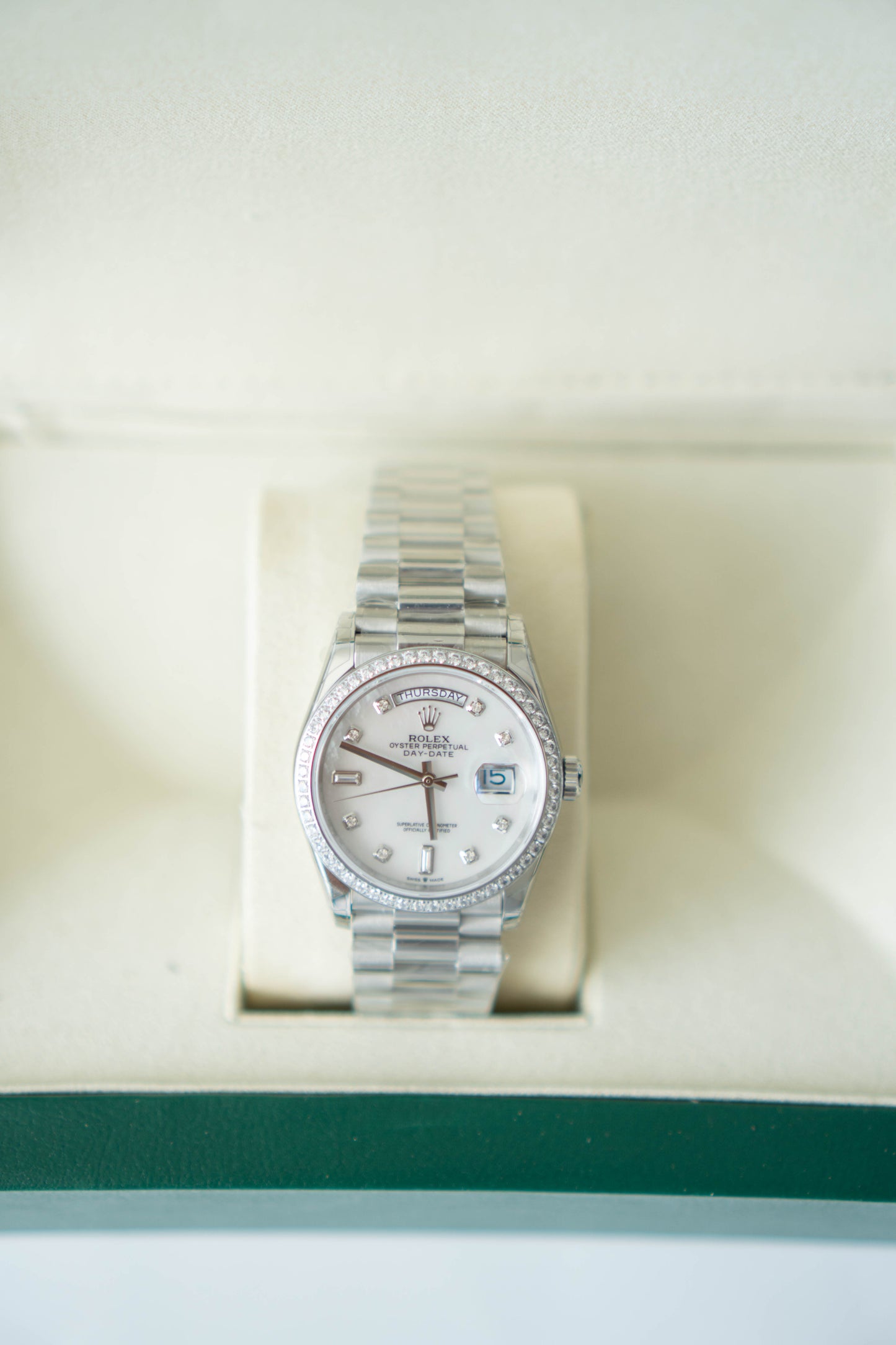Day 36 in 18k plated white gold, gems-set bezel President bracelet watch