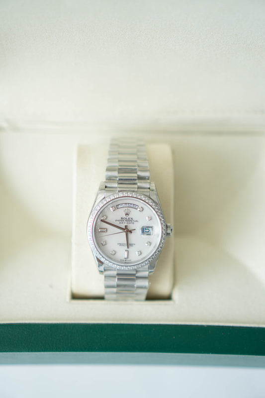 Day 36 in 18k plated white gold, gems-set bezel President bracelet watch