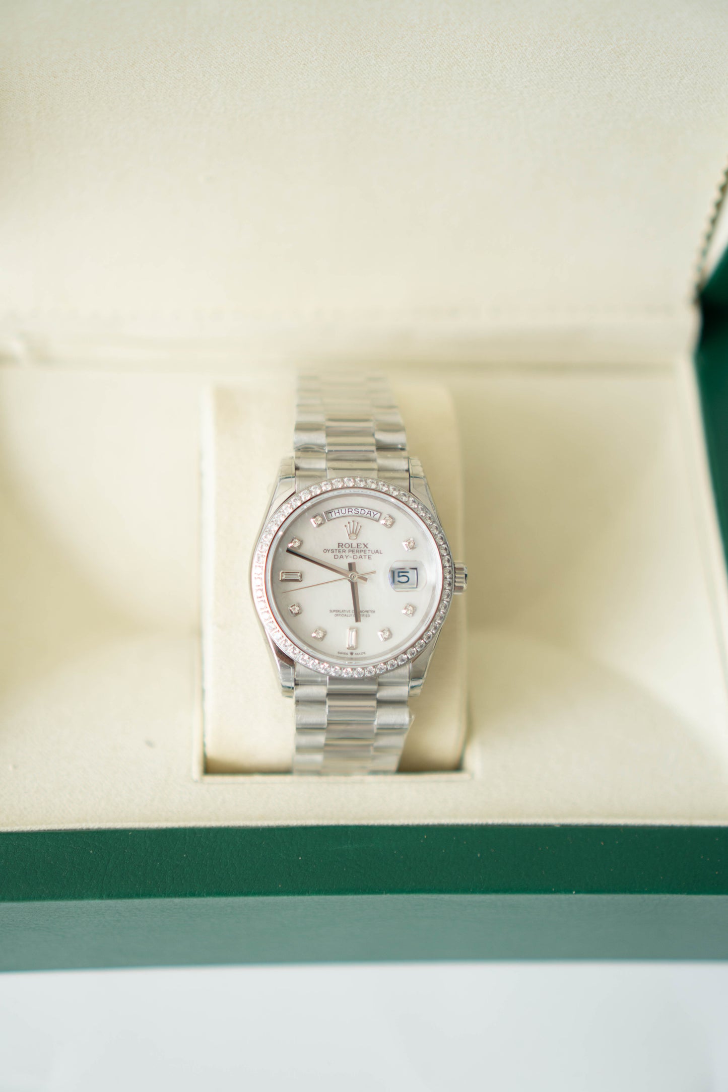 Day 36 in 18k plated white gold, gems-set bezel President bracelet watch
