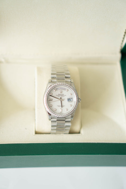 Day 36 in 18k plated white gold, gems-set bezel President bracelet watch