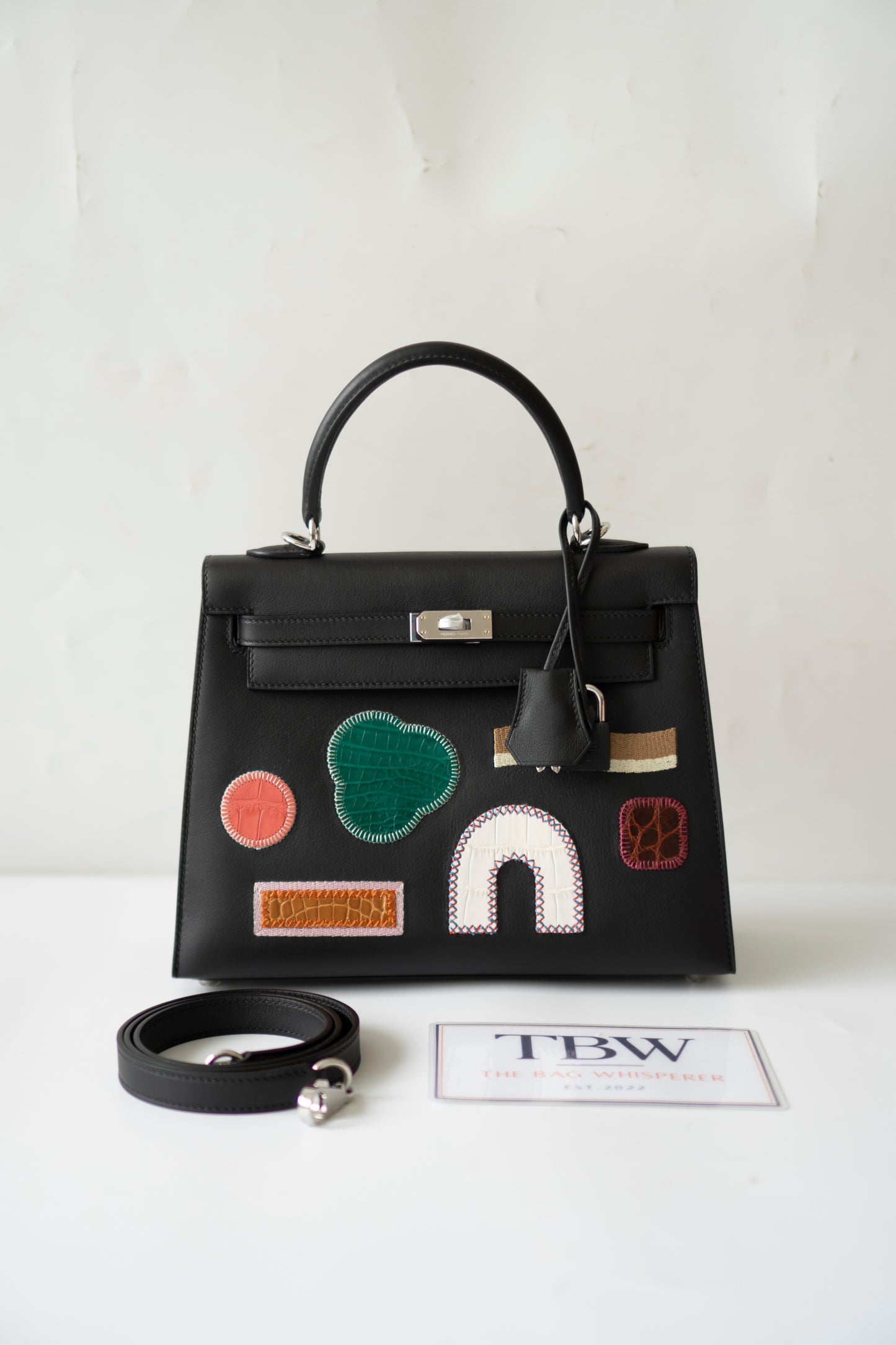 Kelly 25 – Black Volupto Leather with Exotic Croc Patches
