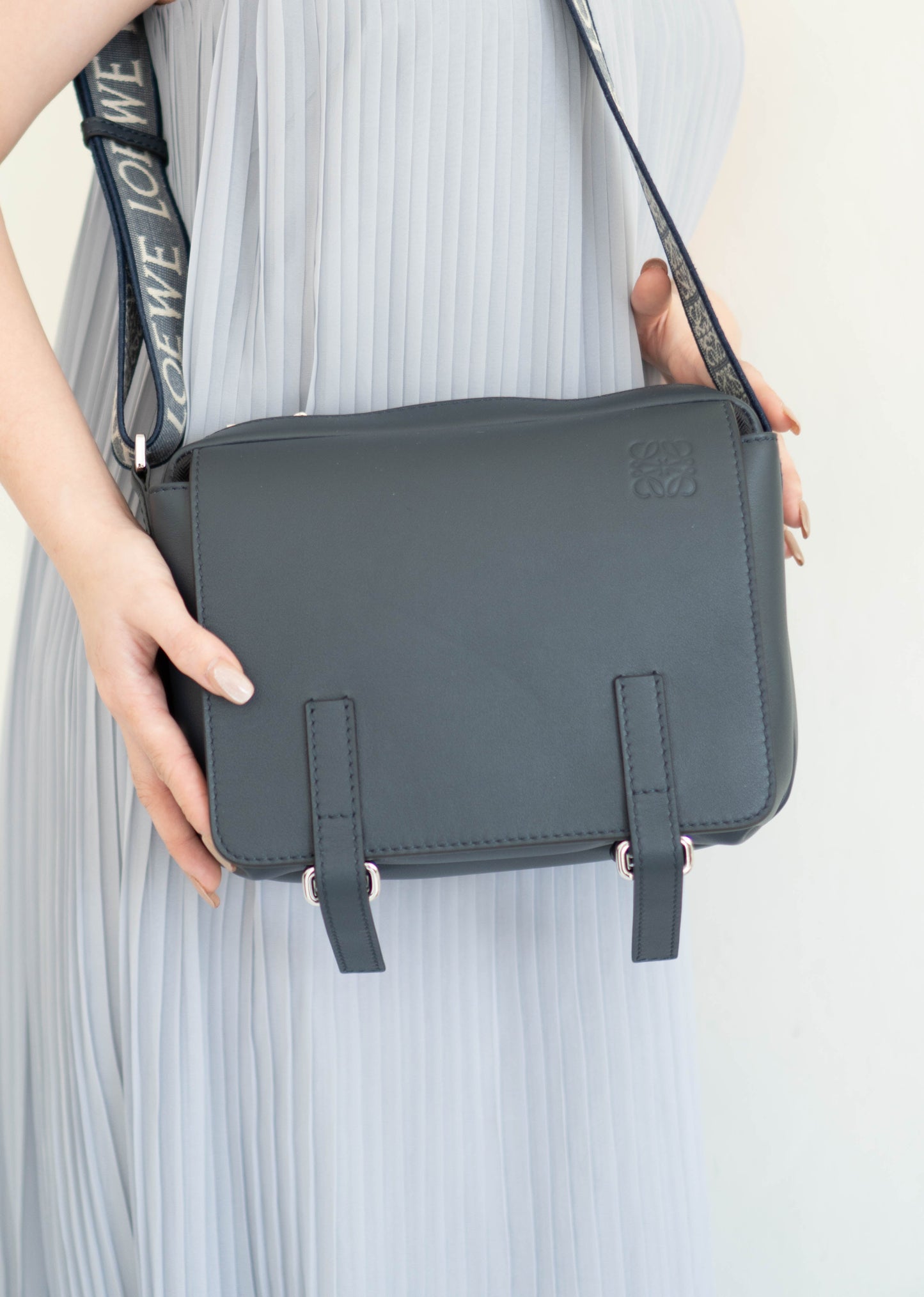 Military Messenger in Navy Blue supple Leather with Palladium Hardware