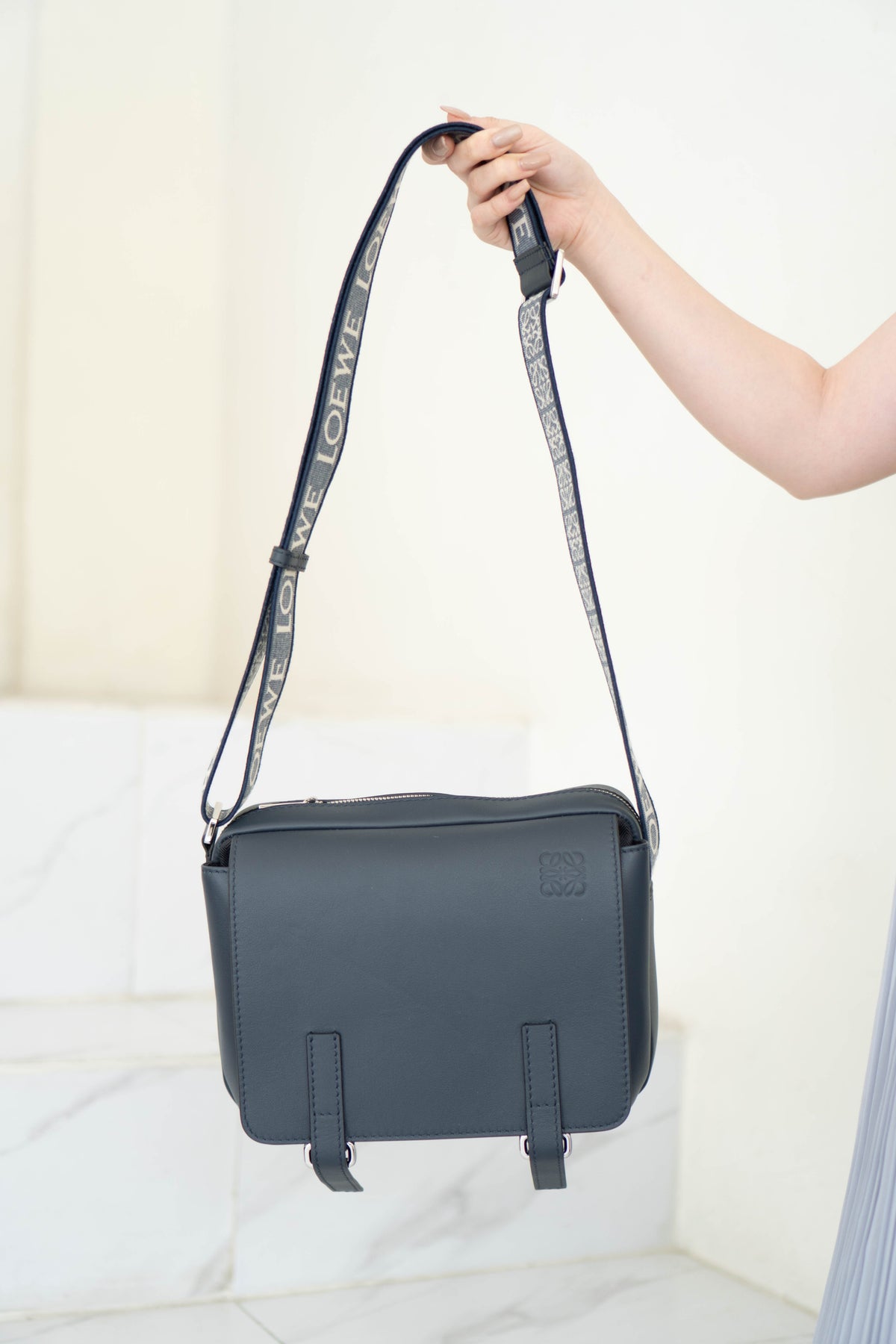 Military Messenger in Navy Blue supple Leather with Palladium Hardware
