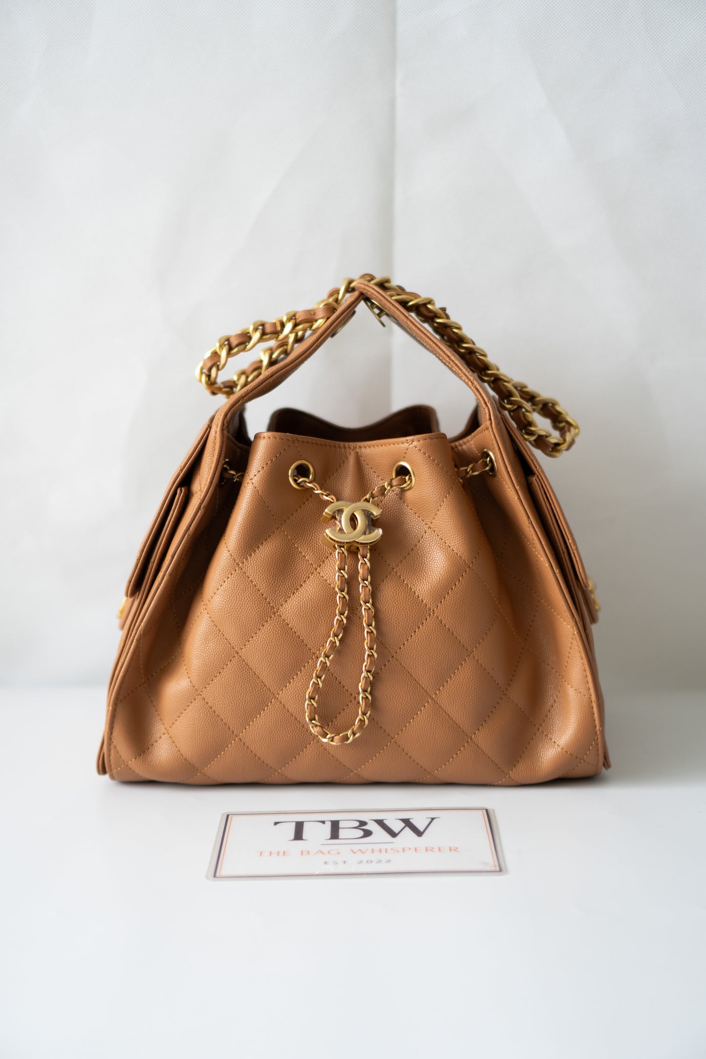 C25 Quilted Drawstring Shoulder Bag – Caramel Caviar with Gold Hardware
