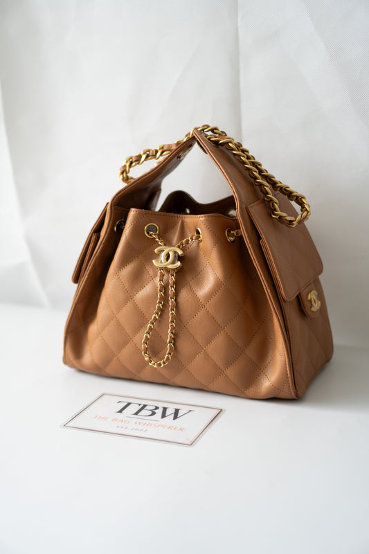 C25 Quilted Drawstring Shoulder Bag – Caramel Caviar with Gold Hardware