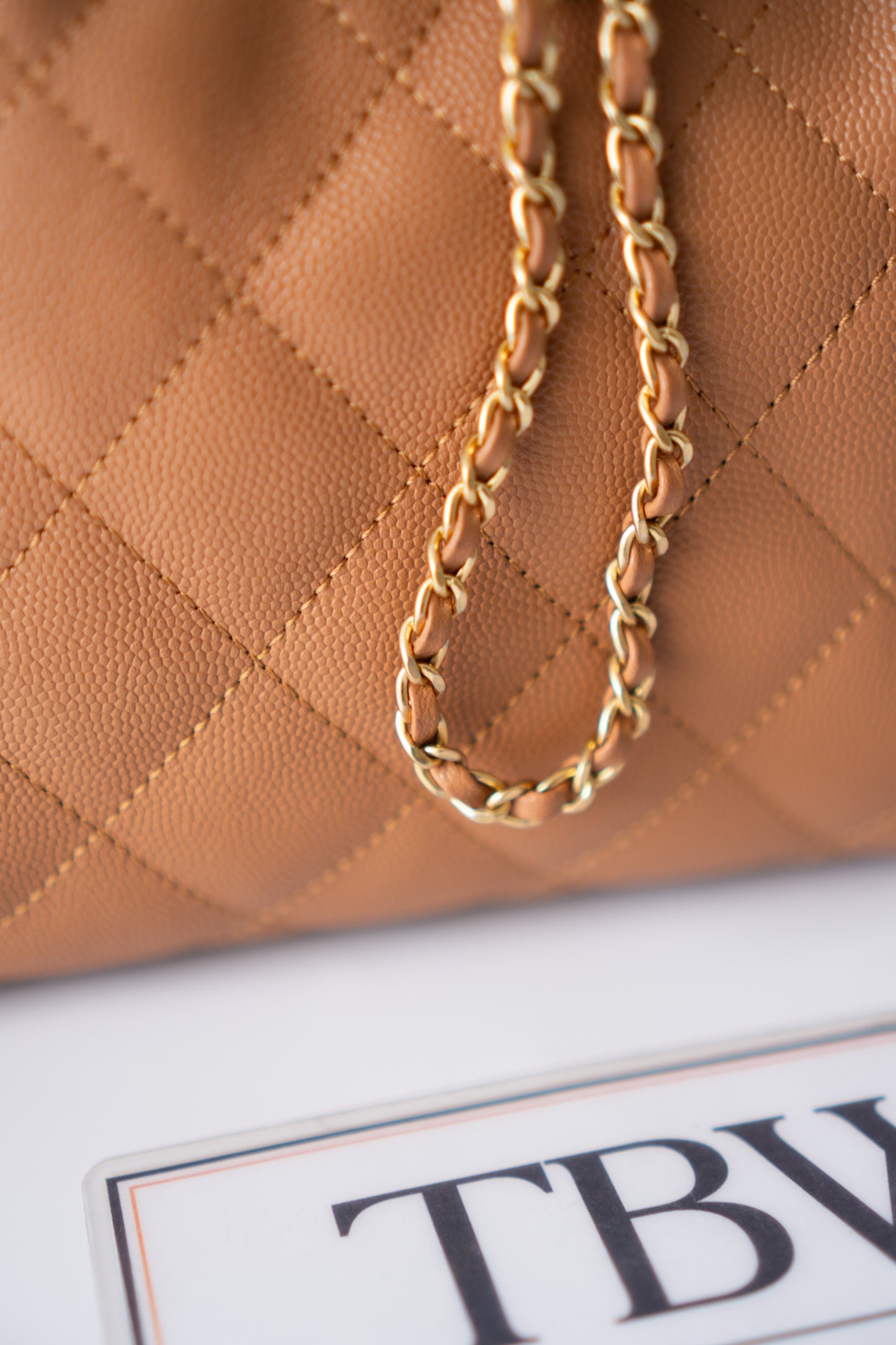 C25 Quilted Drawstring Shoulder Bag – Caramel Caviar with Gold Hardware