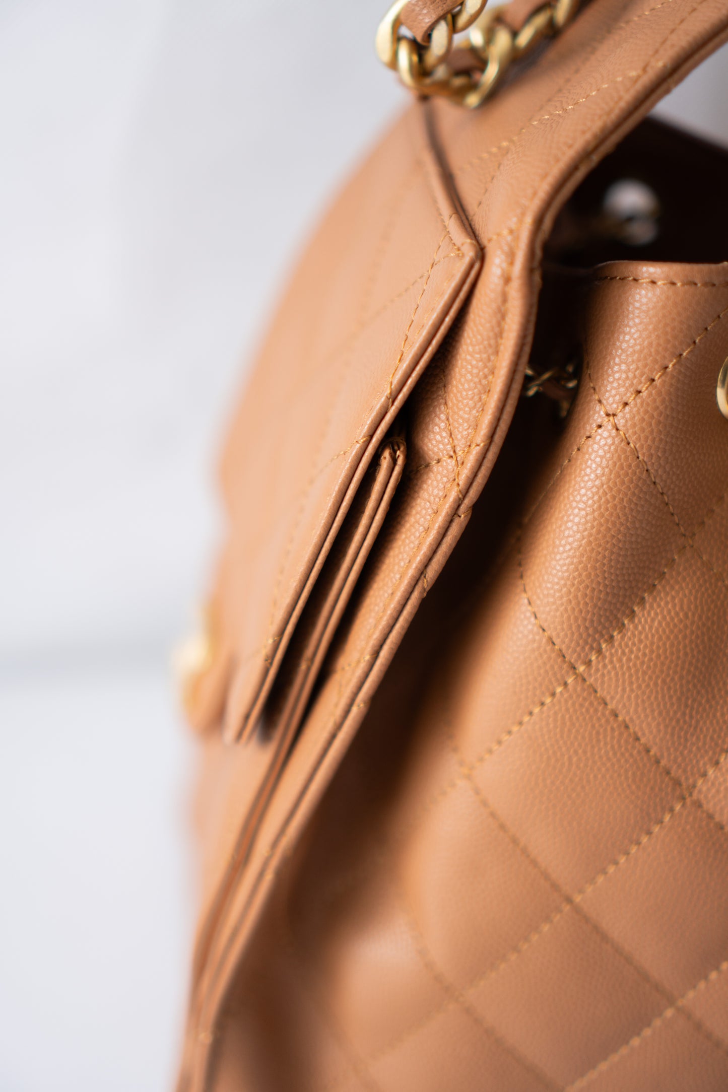 C25 Quilted Drawstring Shoulder Bag – Caramel Caviar with Gold Hardware