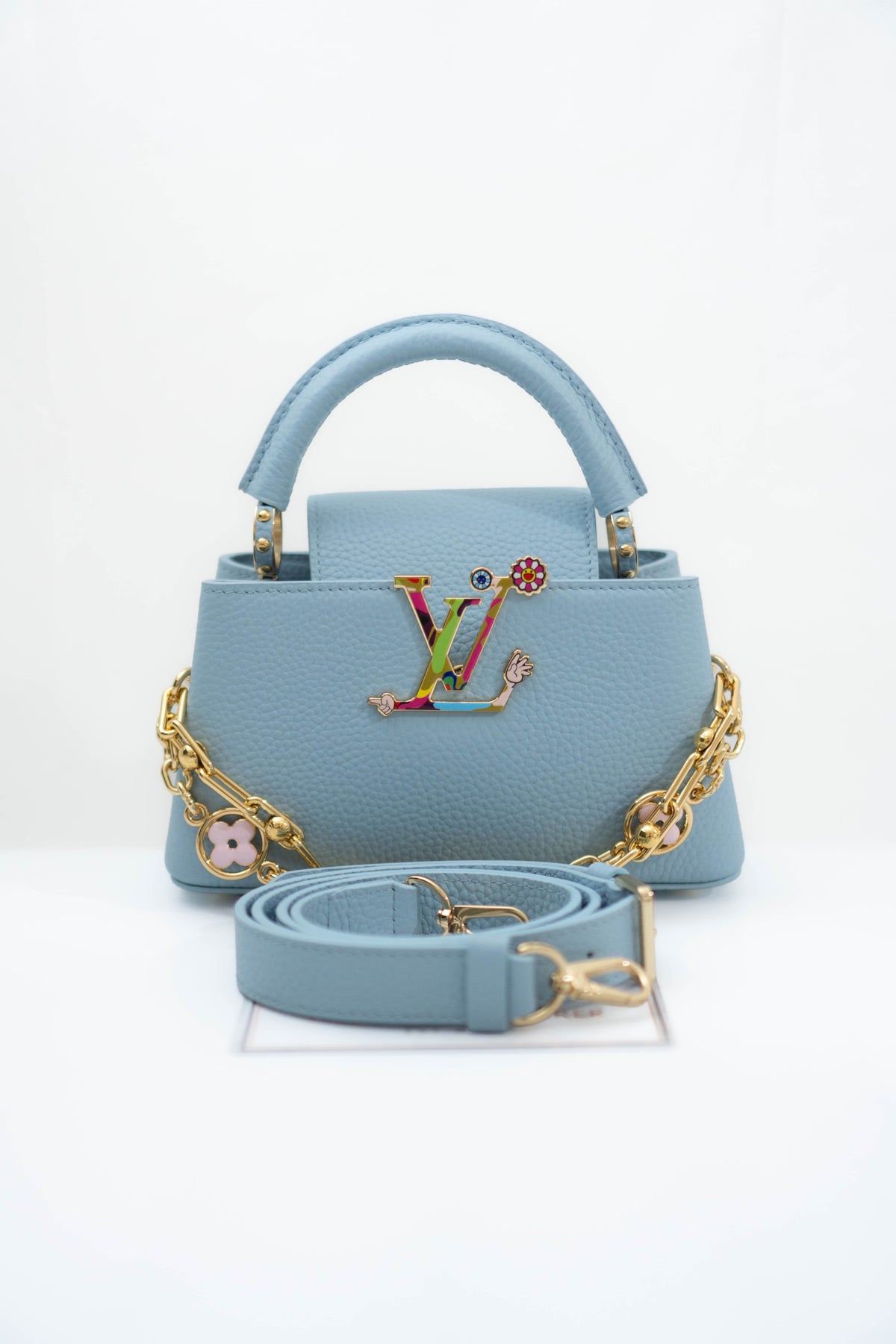Capucines BB Floral Print Flap Top Handle Bag – Light Blue Taurillon Leather