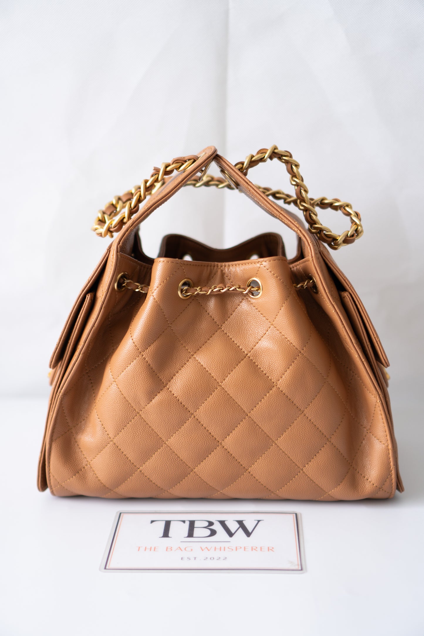 C25 Quilted Drawstring Shoulder Bag – Caramel Caviar with Gold Hardware