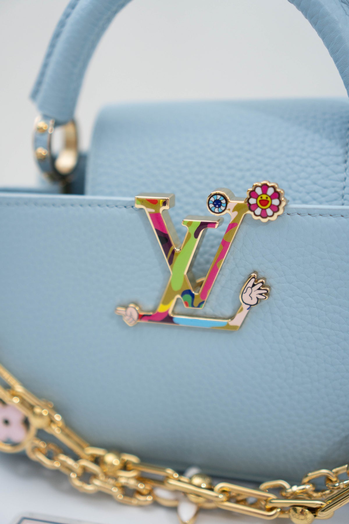 Capucines BB Floral Print Flap Top Handle Bag – Light Blue Taurillon Leather