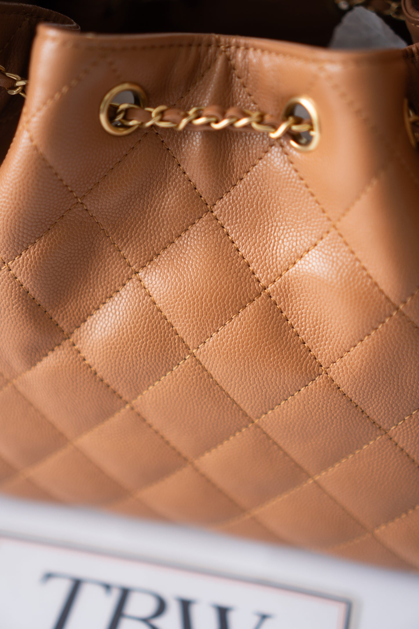 C25 Quilted Drawstring Shoulder Bag – Caramel Caviar with Gold Hardware