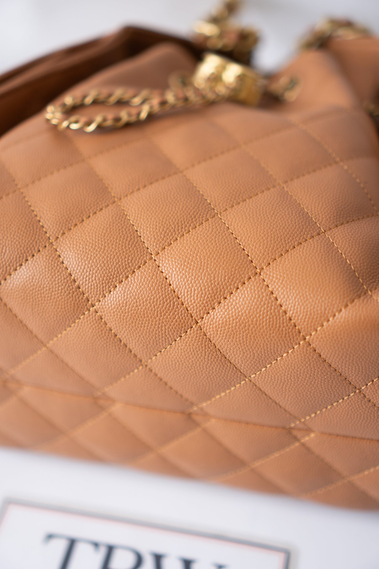 C25 Quilted Drawstring Shoulder Bag – Caramel Caviar with Gold Hardware