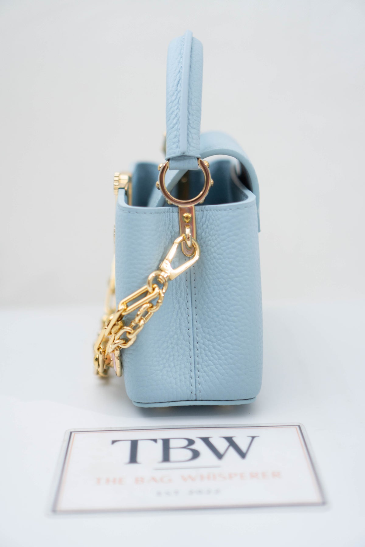 Capucines BB Floral Print Flap Top Handle Bag – Light Blue Taurillon Leather