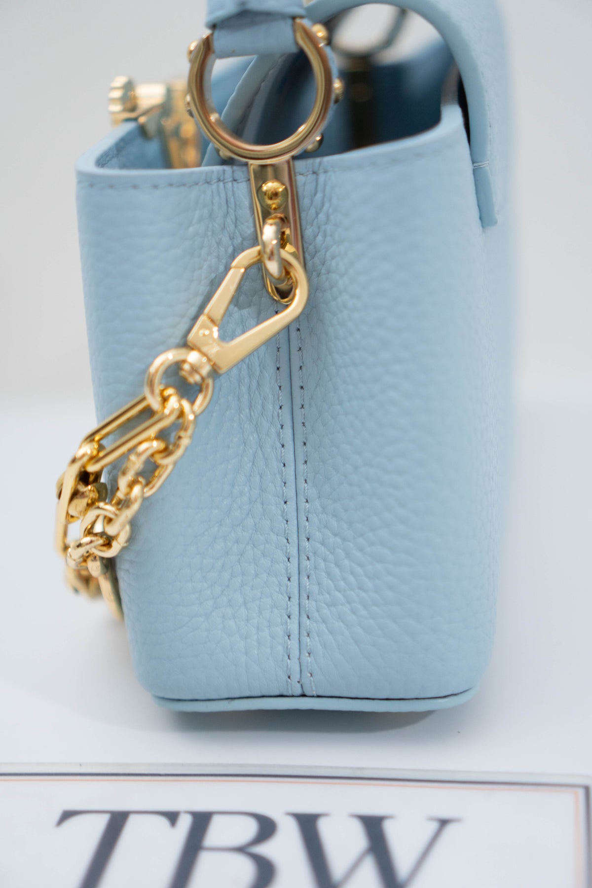Capucines BB Floral Print Flap Top Handle Bag – Light Blue Taurillon Leather