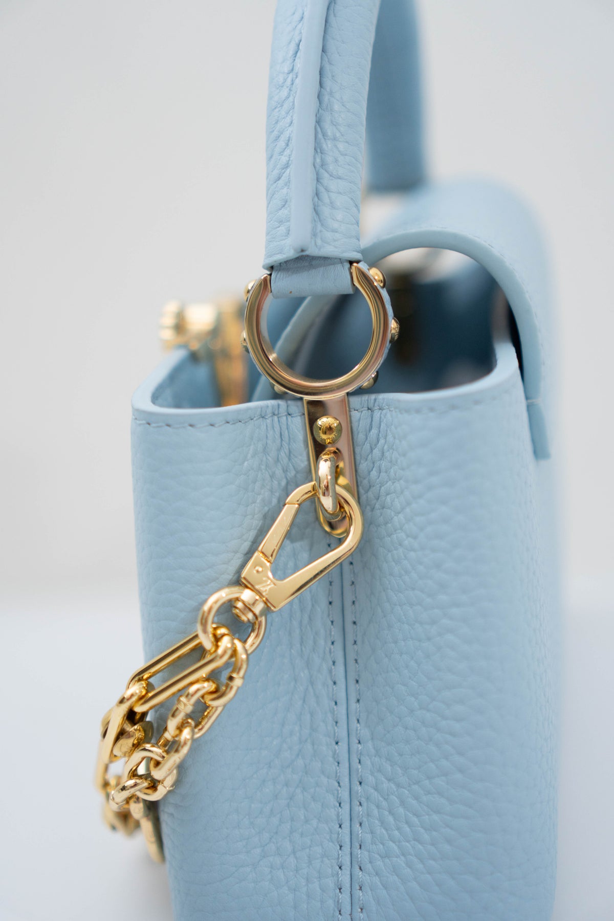 Capucines BB Floral Print Flap Top Handle Bag – Light Blue Taurillon Leather