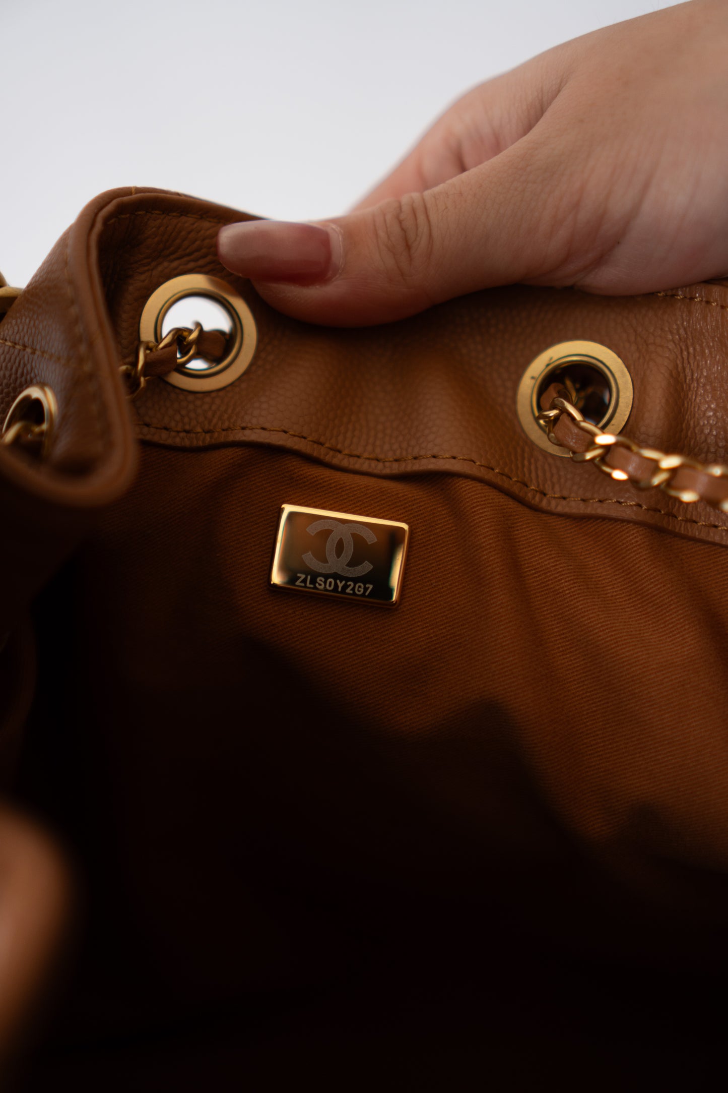 C25 Quilted Drawstring Shoulder Bag – Caramel Caviar with Gold Hardware