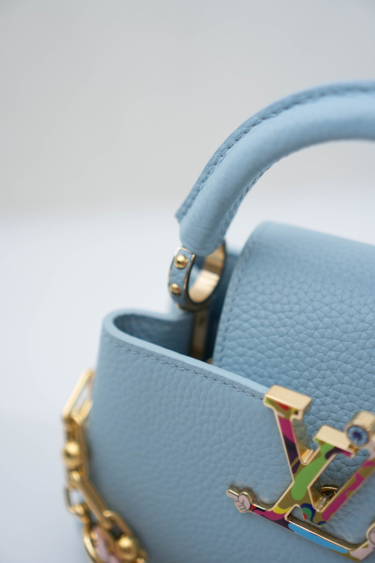 Capucines BB Floral Print Flap Top Handle Bag – Light Blue Taurillon Leather