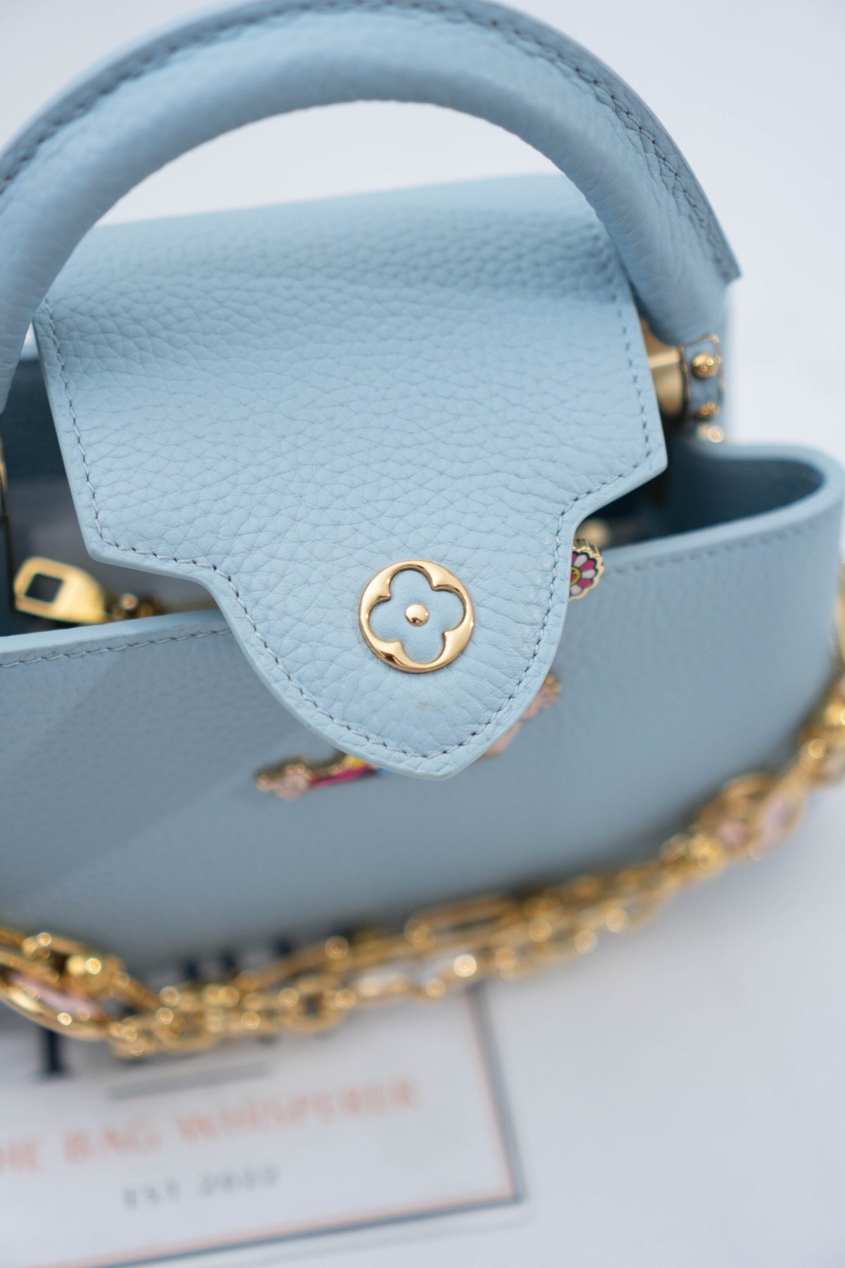 Capucines BB Floral Print Flap Top Handle Bag – Light Blue Taurillon Leather