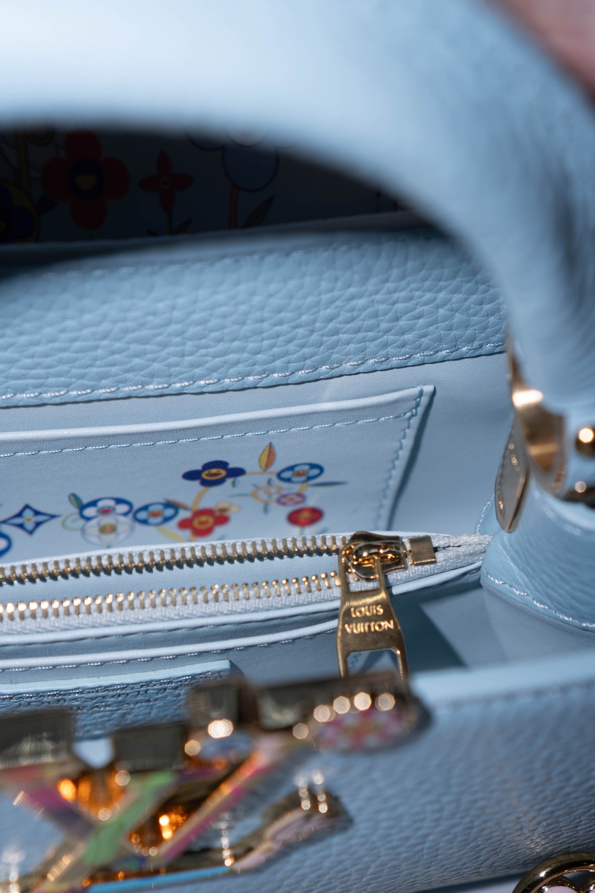 Capucines BB Floral Print Flap Top Handle Bag – Light Blue Taurillon Leather