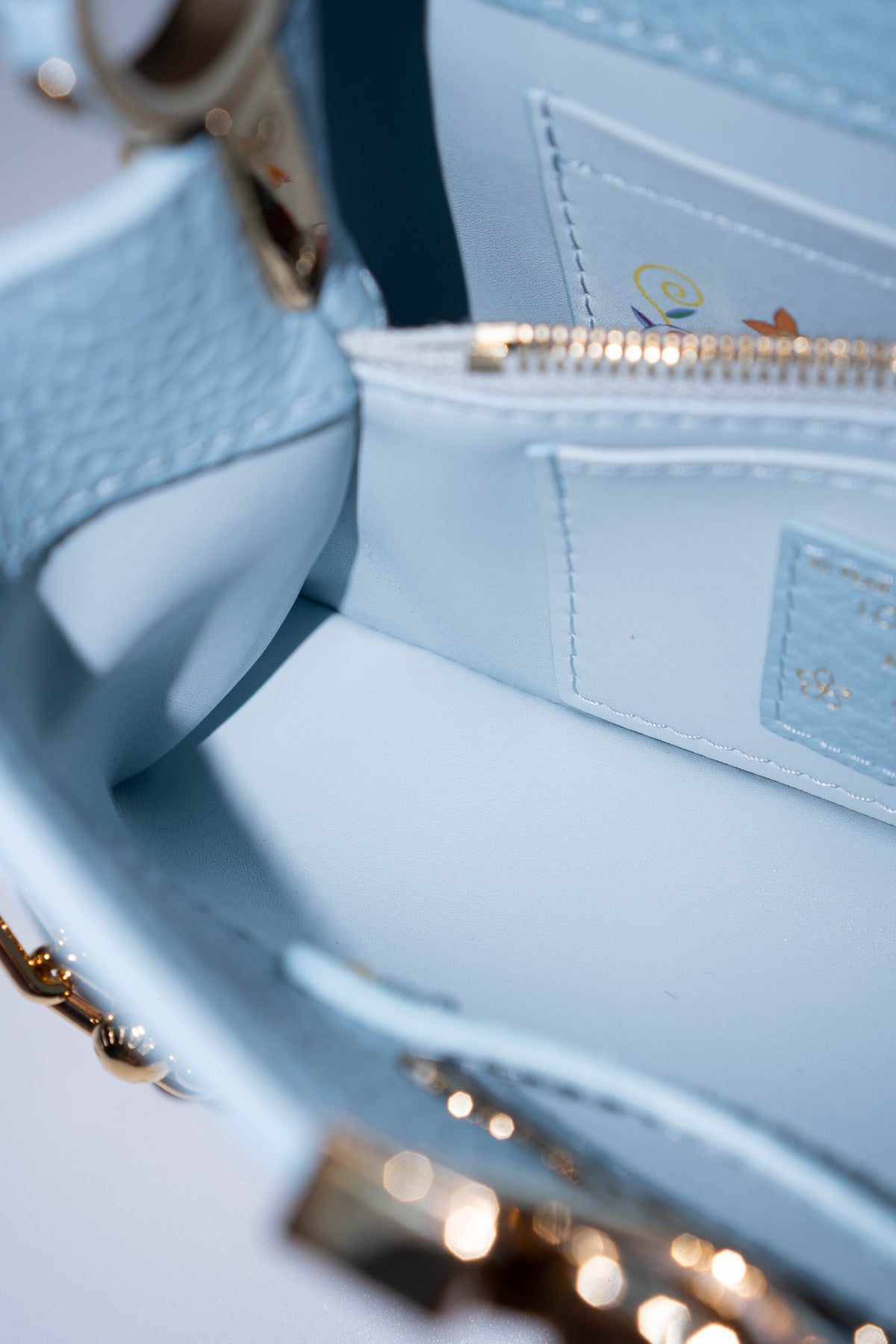 Capucines BB Floral Print Flap Top Handle Bag – Light Blue Taurillon Leather