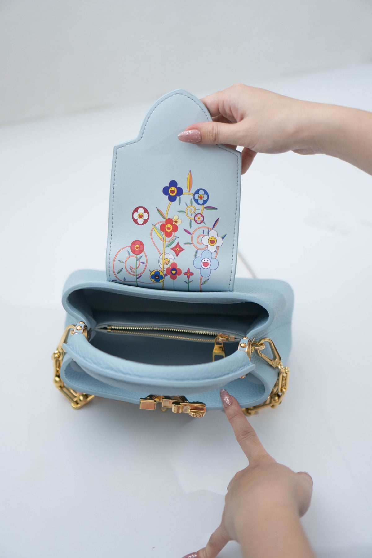 Capucines BB Floral Print Flap Top Handle Bag – Light Blue Taurillon Leather