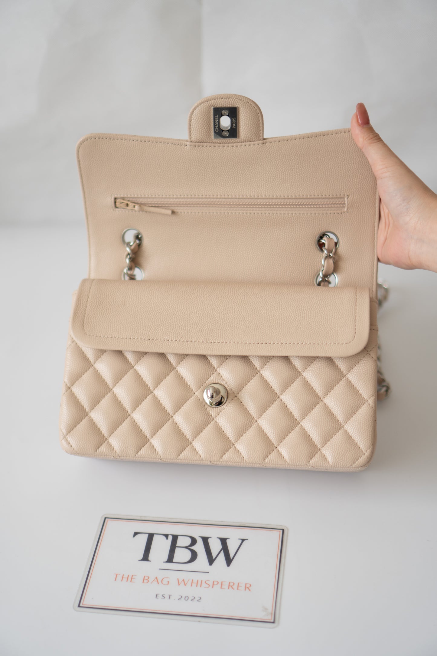 Classic Flap Quilted Flap Bag – Small Light Beige Caviar with Silver Hardware