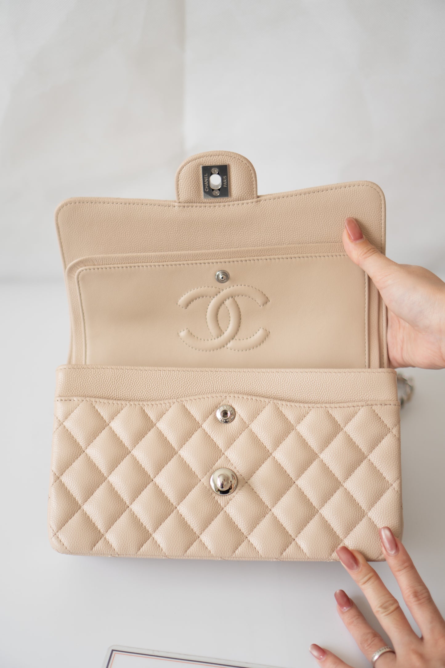 Classic Flap Quilted Flap Bag – Small Light Beige Caviar with Silver Hardware