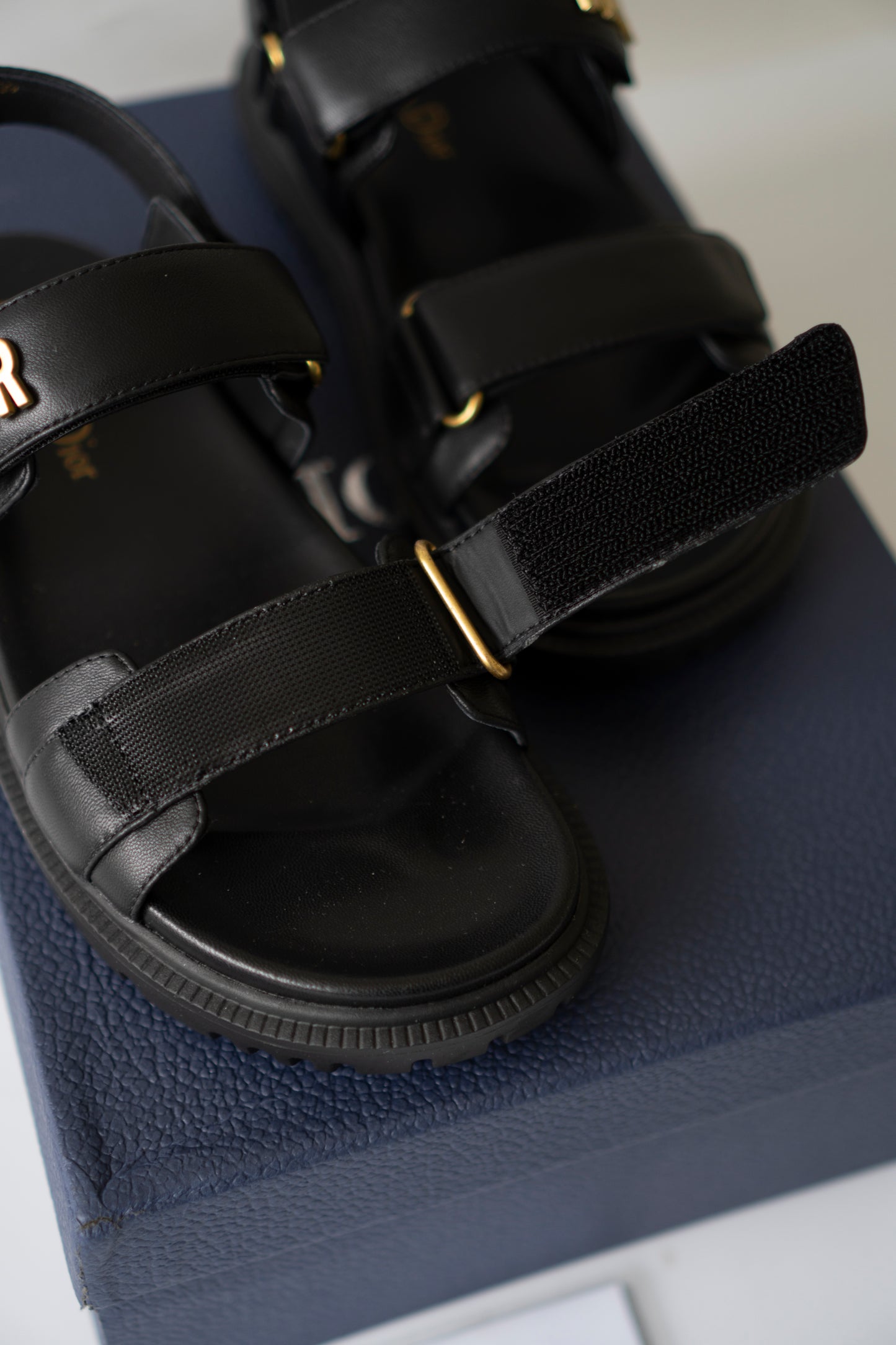 Lambskin Strap Sandals – Black with Gold-Tone Details