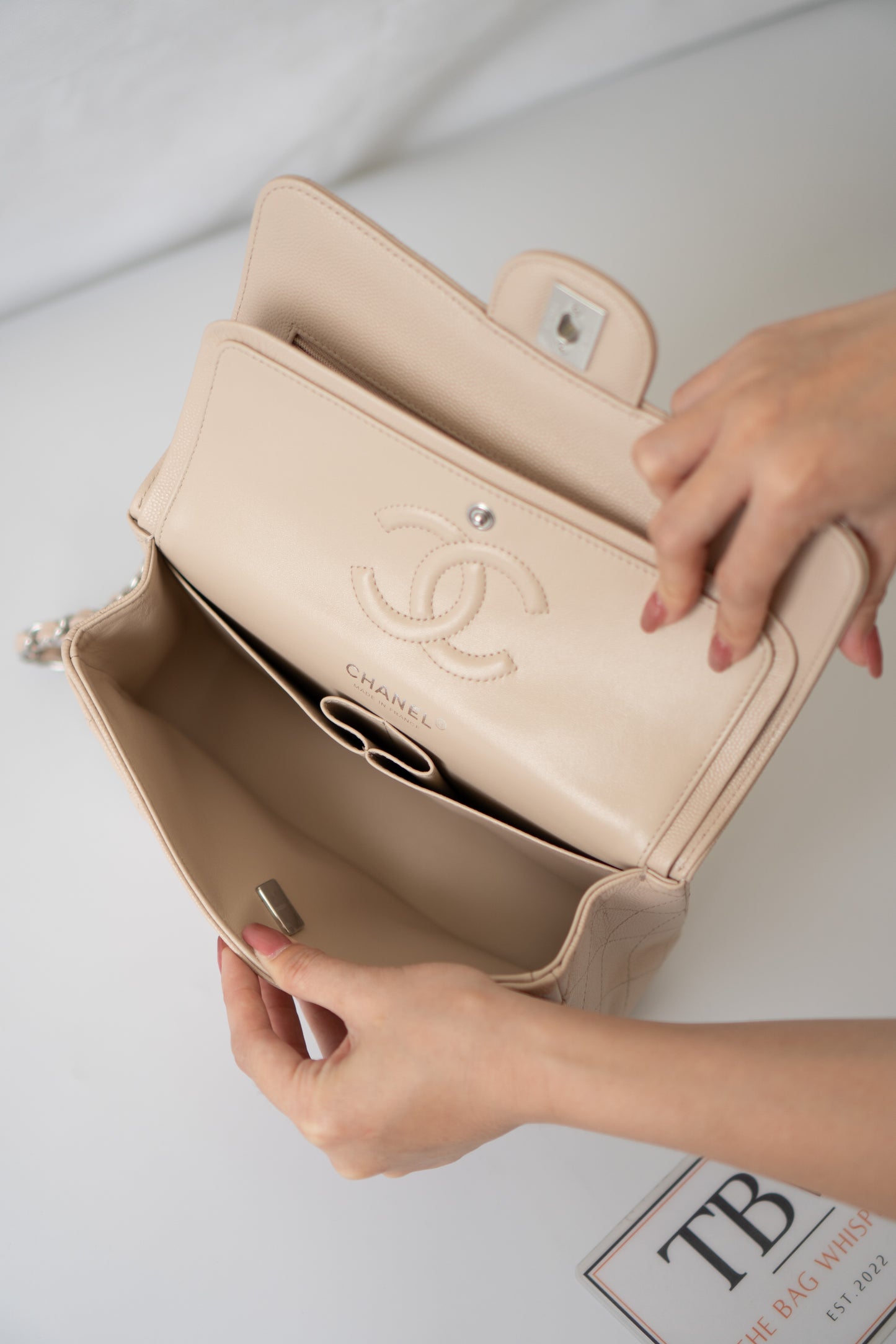 Classic Flap Quilted Flap Bag – Small Light Beige Caviar with Silver Hardware