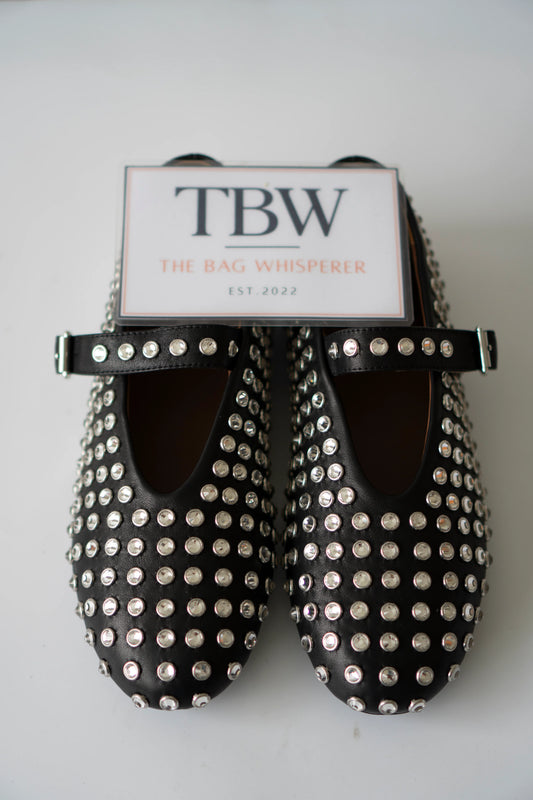 Crystal Studded Mary Jane Flats – Black Leather