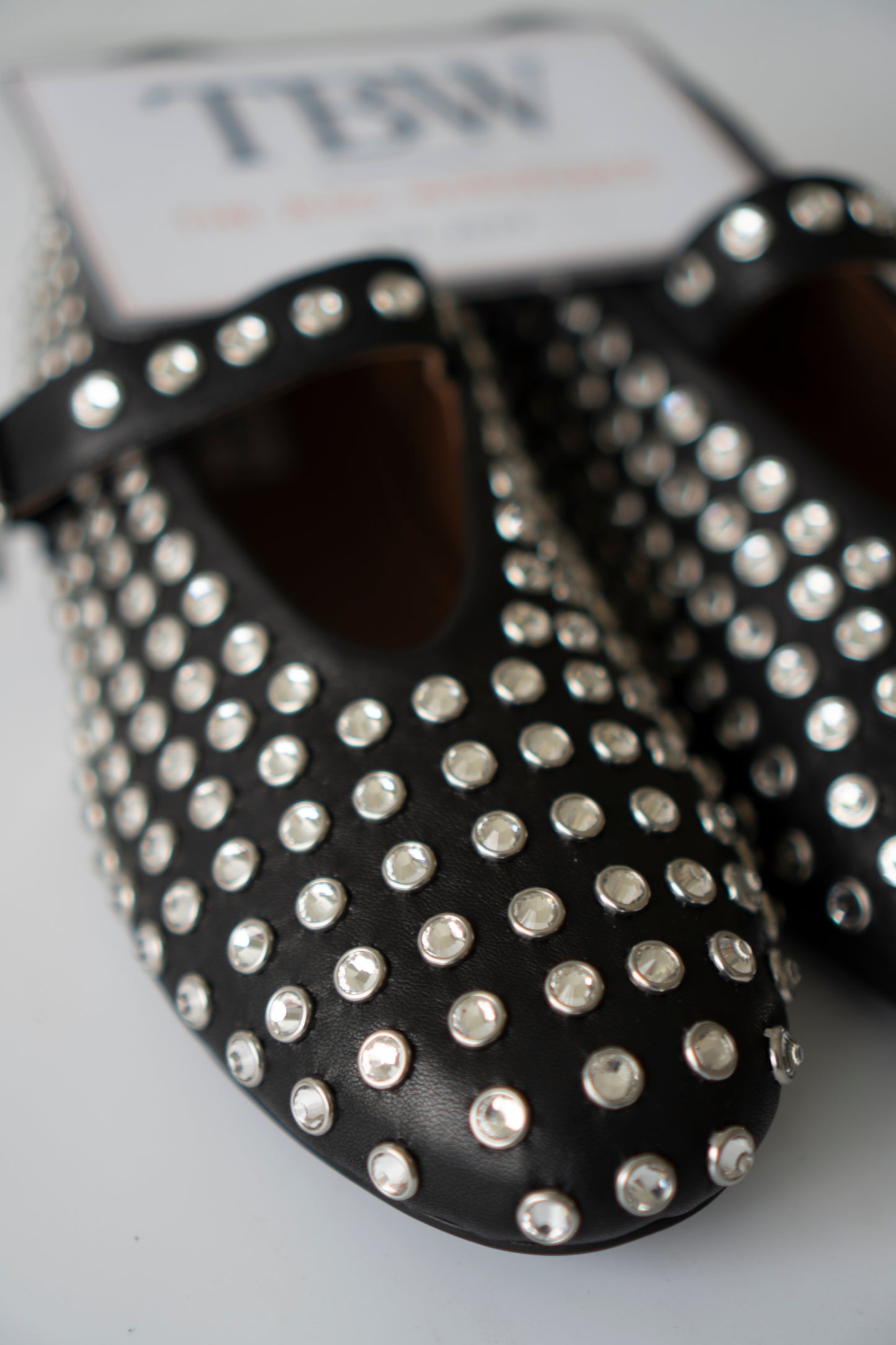 Crystal Studded Mary Jane Flats – Black Leather