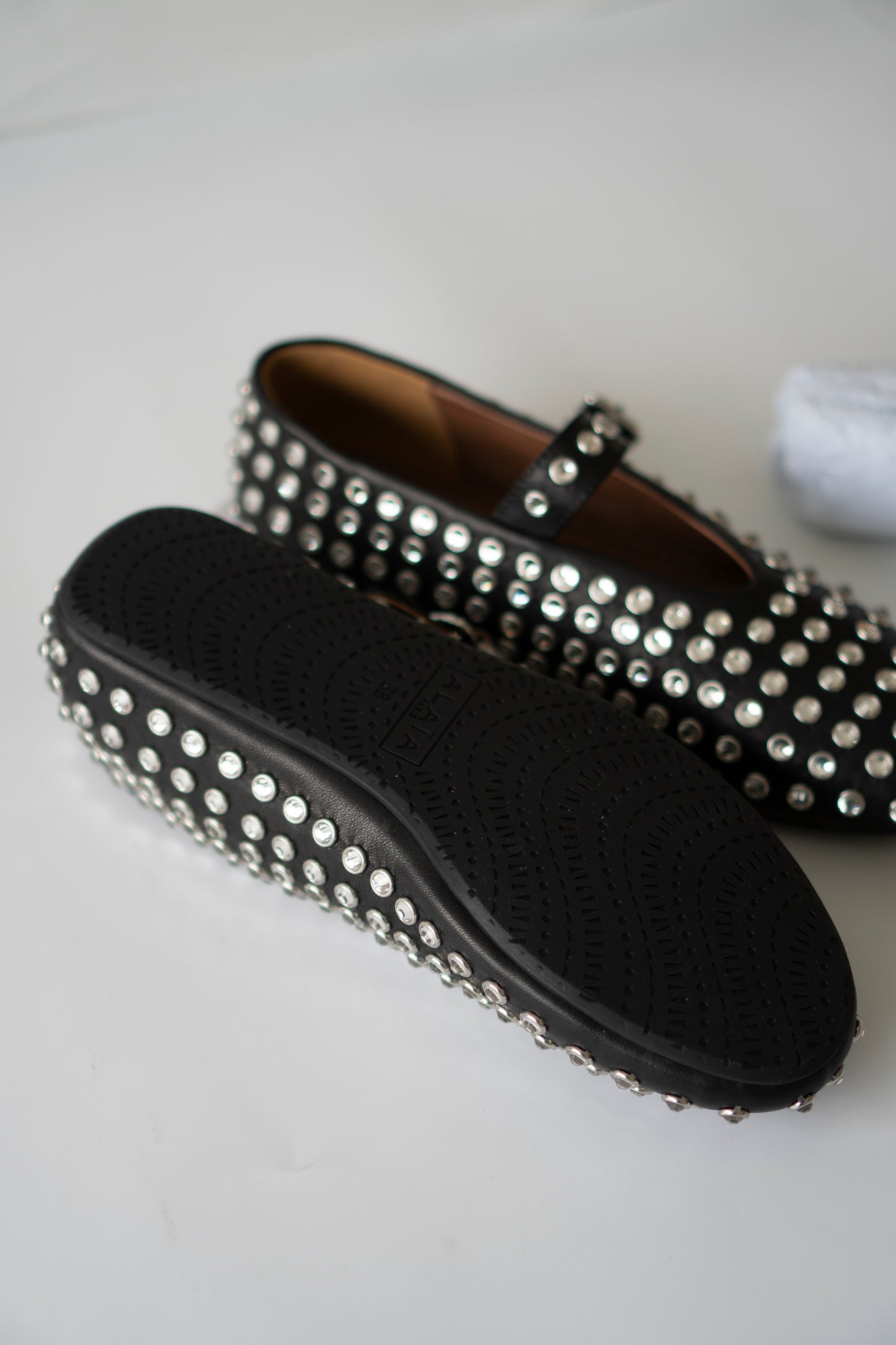 Crystal Studded Mary Jane Flats – Black Leather