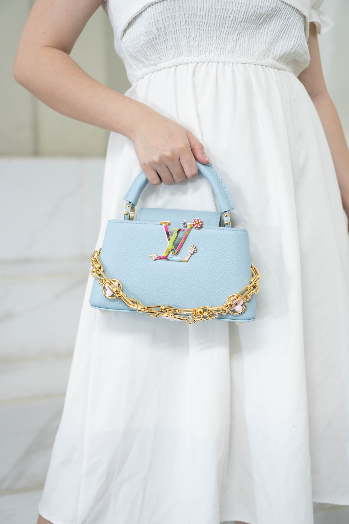 Capucines BB Floral Print Flap Top Handle Bag – Light Blue Taurillon Leather