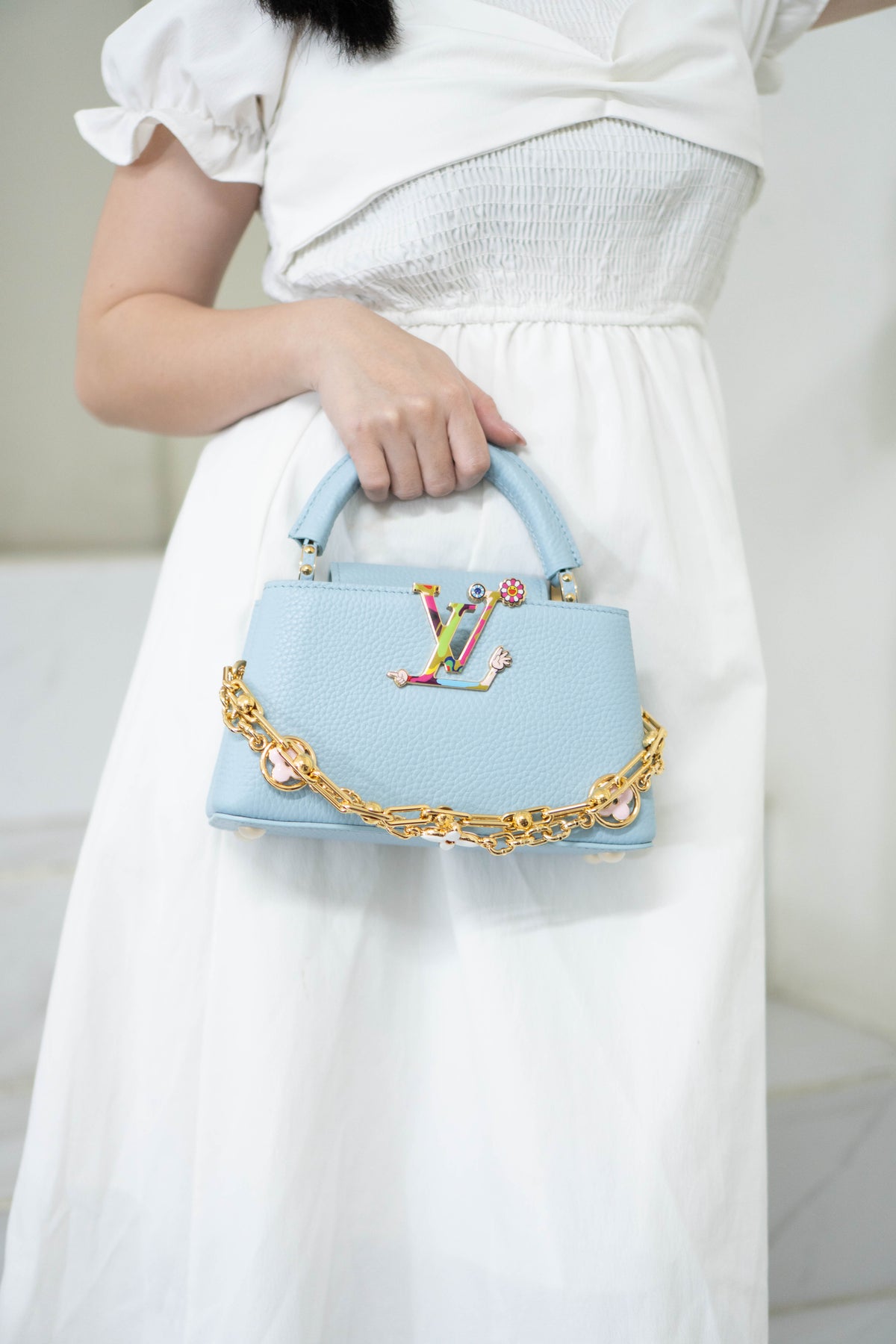 Capucines BB Floral Print Flap Top Handle Bag – Light Blue Taurillon Leather