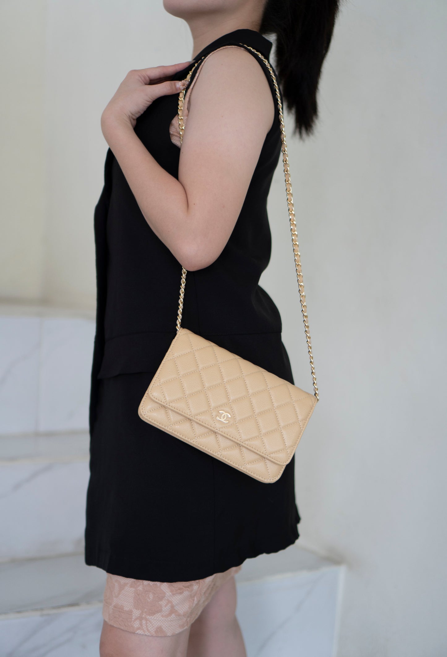 Wallet on Chain WOC – Beige Clair Caviar Leather with Gold Hardware