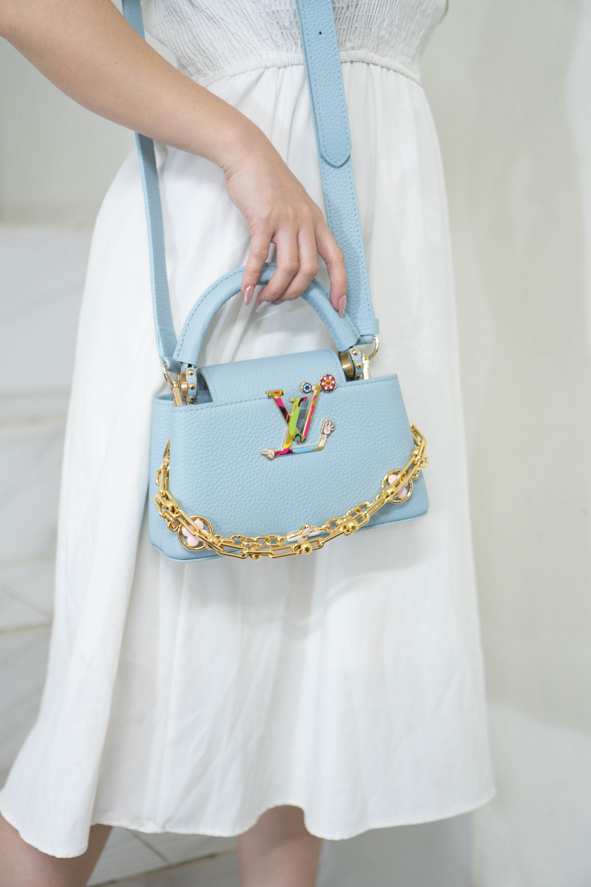 Capucines BB Floral Print Flap Top Handle Bag – Light Blue Taurillon Leather