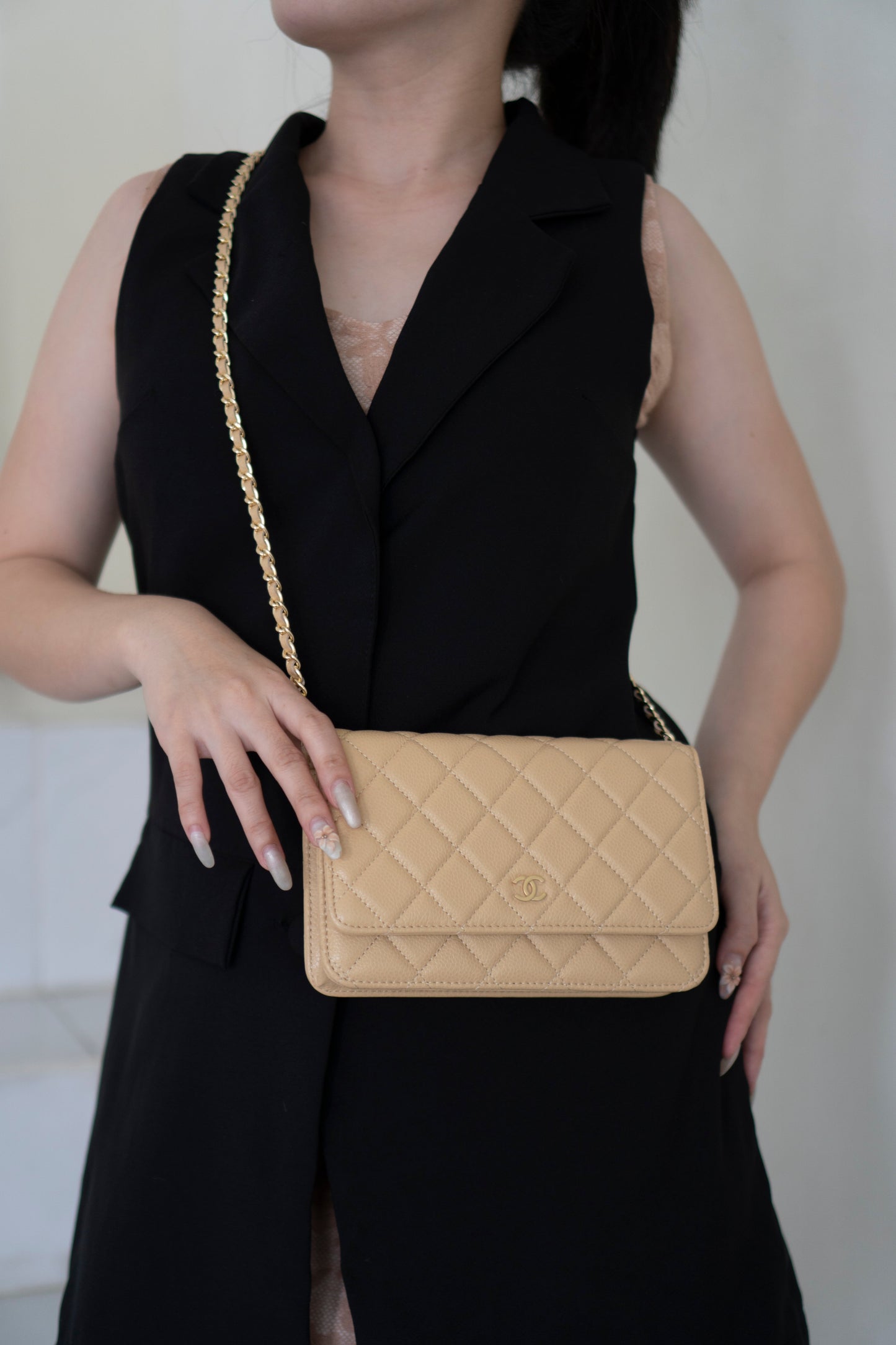 Wallet on Chain WOC – Beige Clair Caviar Leather with Gold Hardware