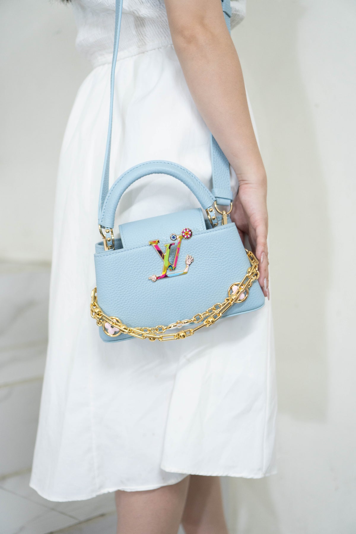 Capucines BB Floral Print Flap Top Handle Bag – Light Blue Taurillon Leather
