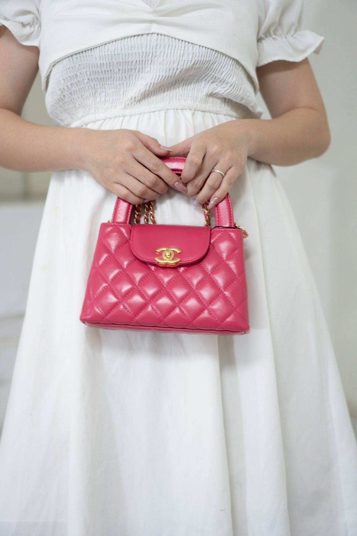 CC Quilted Top Handle Mini Flap Bag – Fuchsia Pink Lambskin