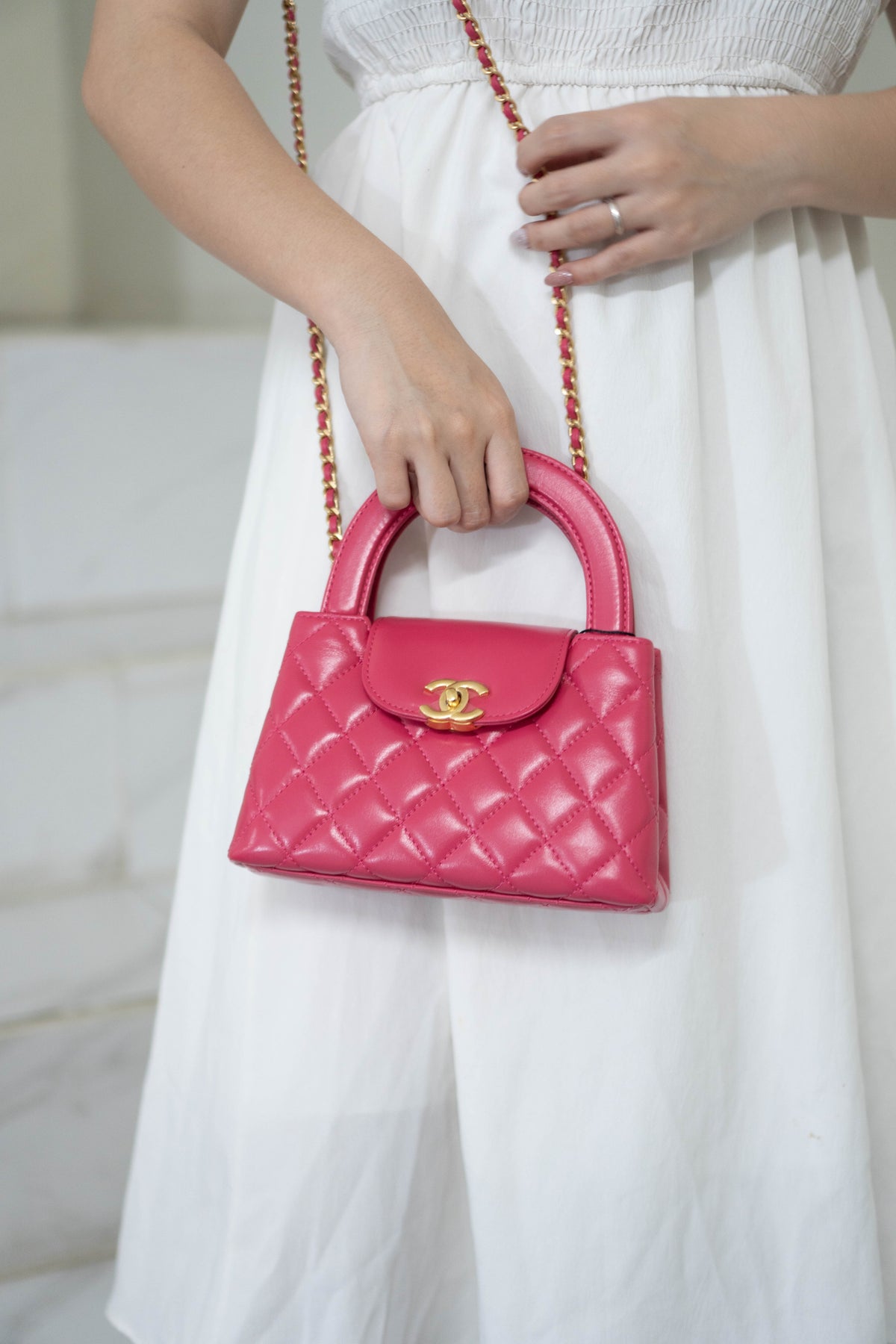 CC Quilted Top Handle Mini Flap Bag – Fuchsia Pink Lambskin