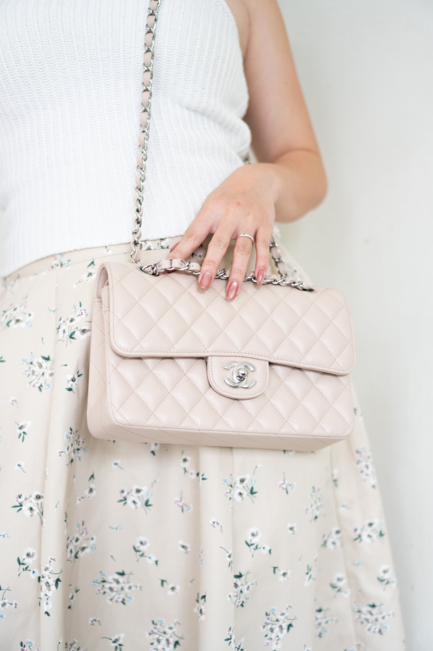 Classic Flap Quilted Flap Bag – Small Light Beige Caviar with Silver Hardware
