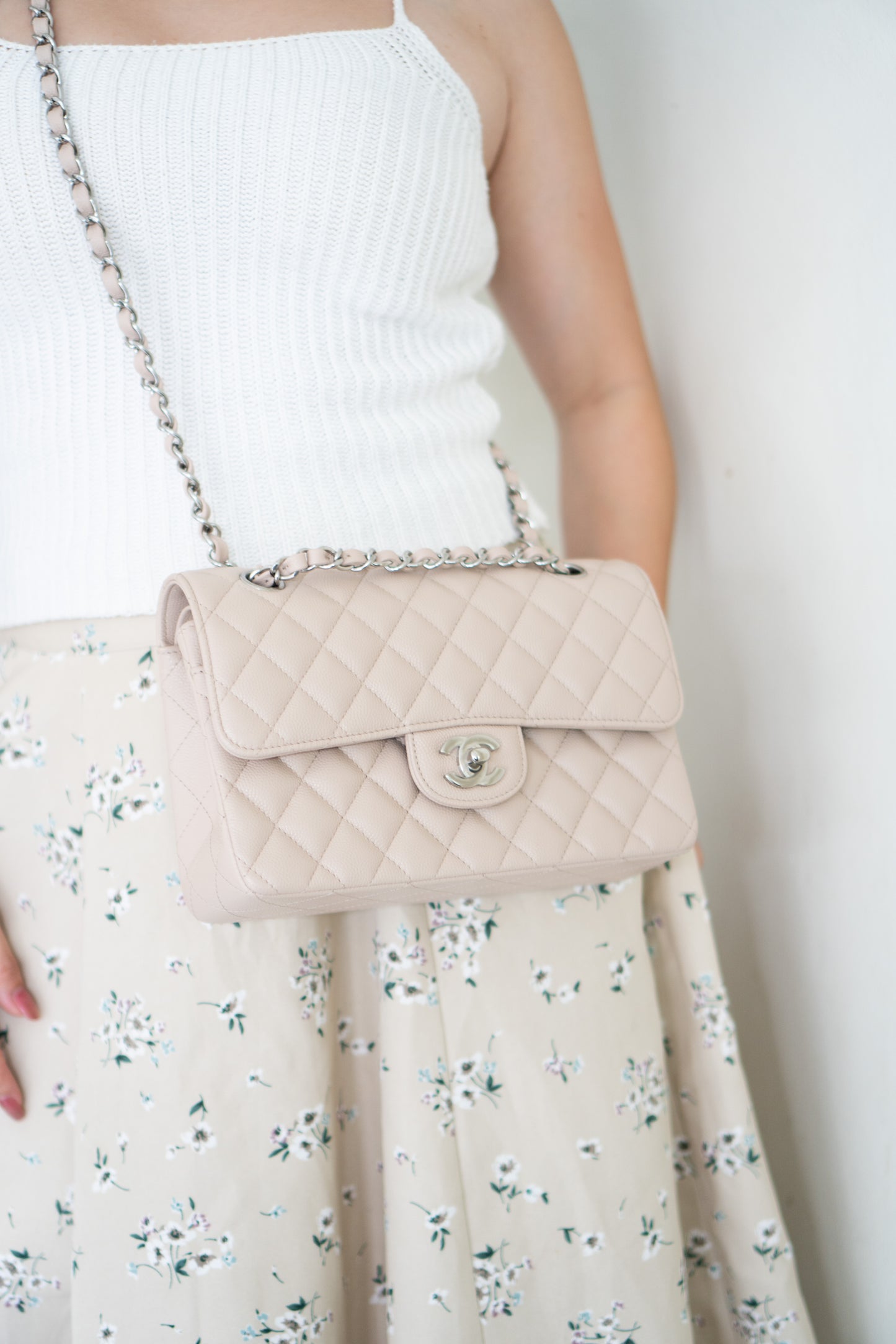 Classic Flap Quilted Flap Bag – Small Light Beige Caviar with Silver Hardware