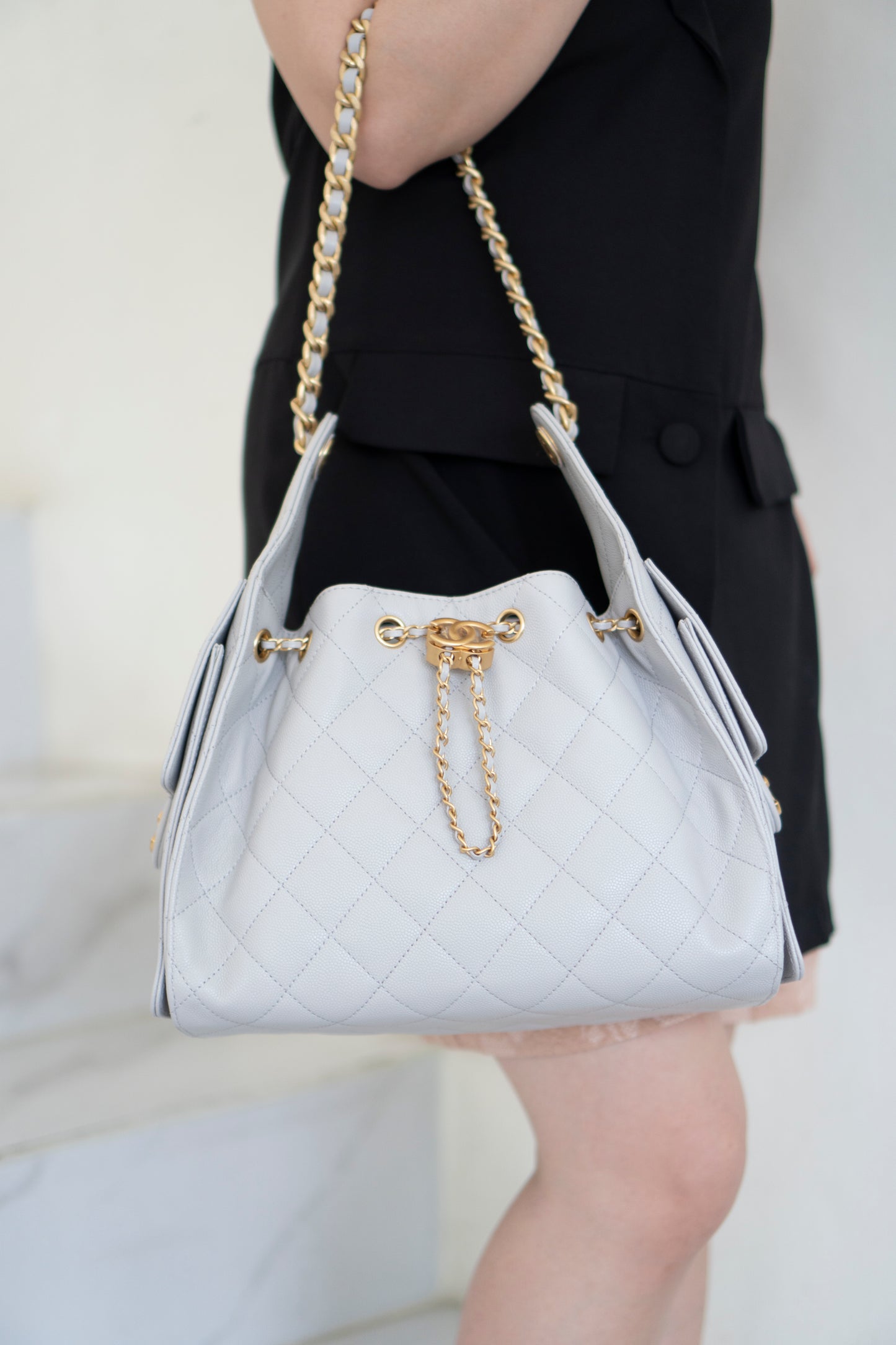 C25 Small Drawstring Chain Bag – Light Gray Caviar Leather with Gold Hardware