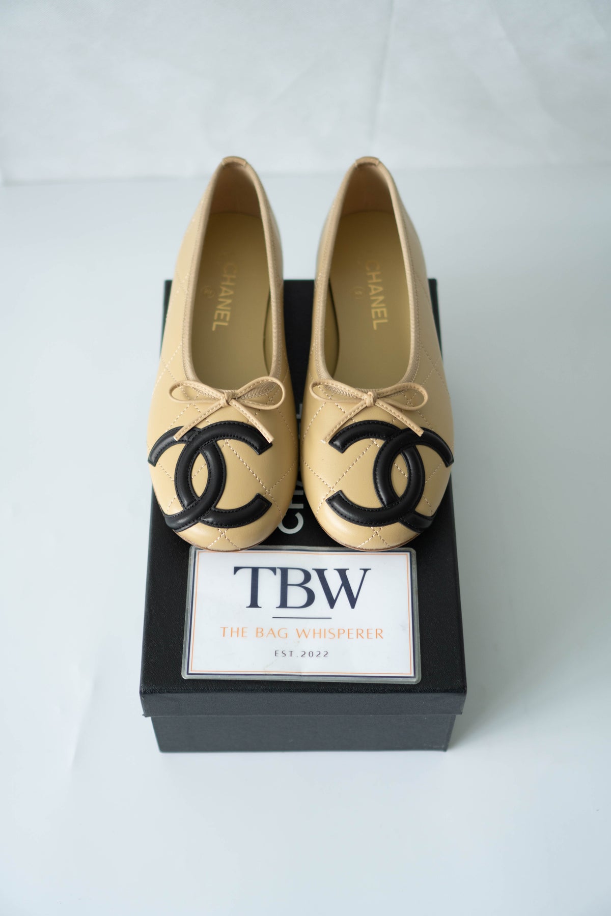 CC Quilted Ballet Flats – Beige & Black Lambskin