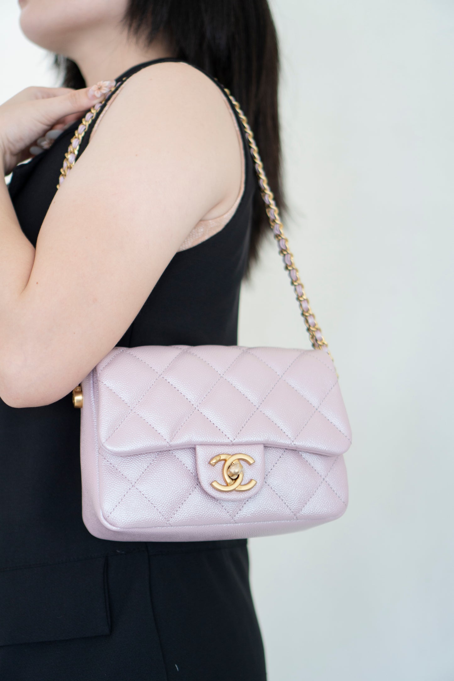 Mini Rectangular Flap Bag – Pink Iridescent Caviar with Light Gold Hardware