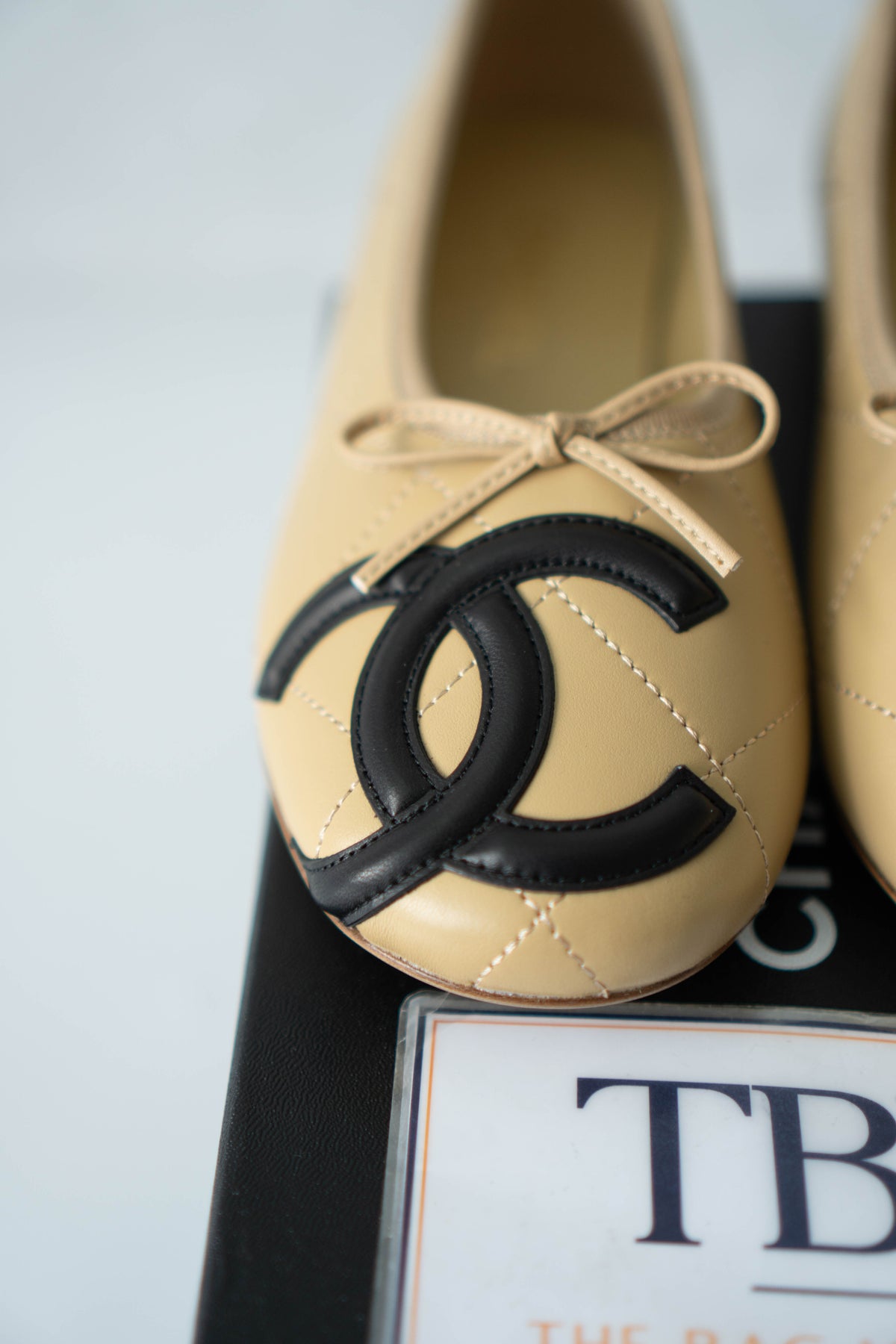 CC Quilted Ballet Flats – Beige & Black Lambskin