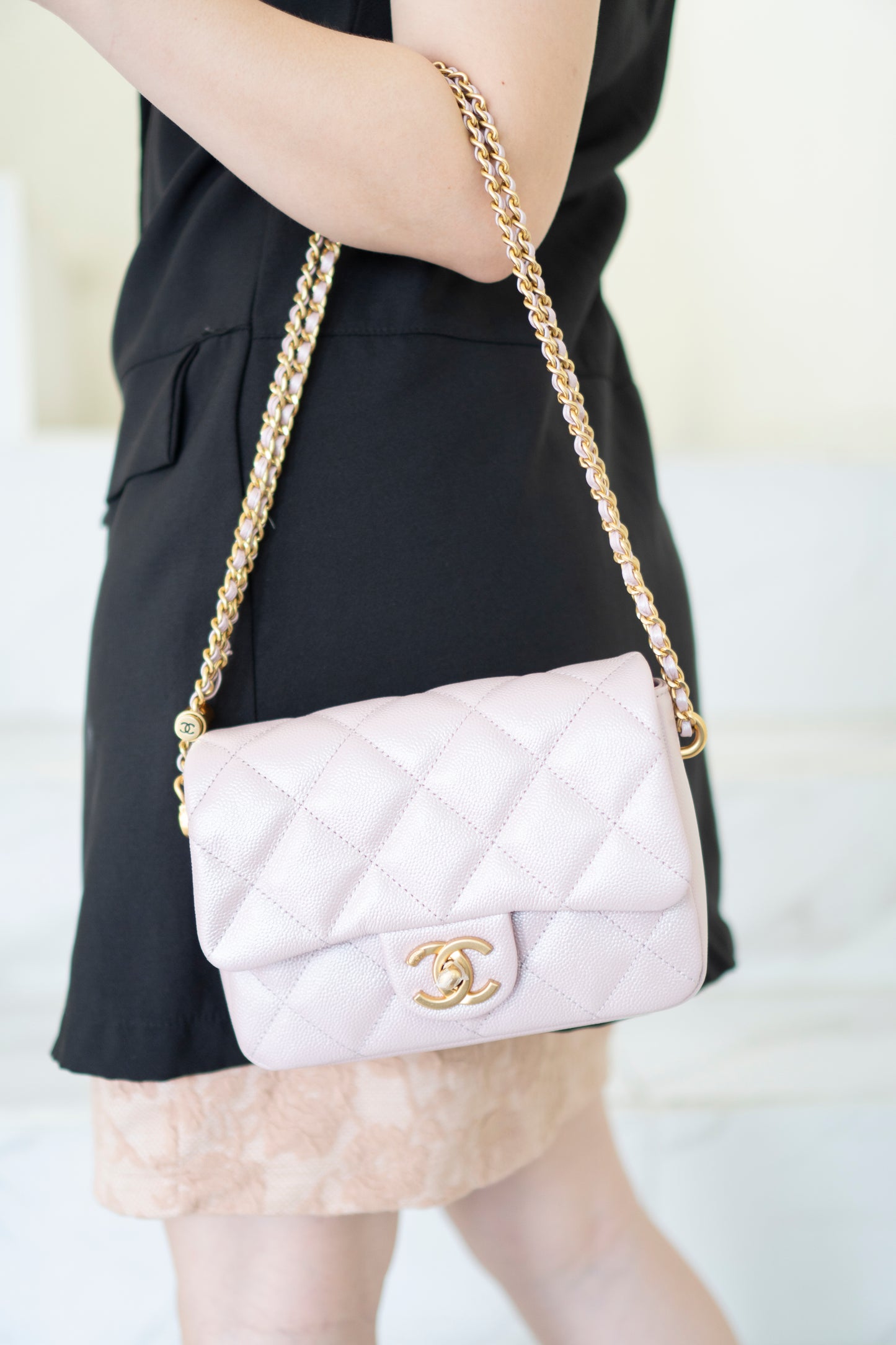 Mini Rectangular Flap Bag – Pink Iridescent Caviar with Light Gold Hardware